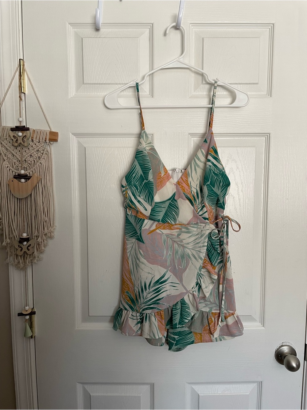 Blue Blush size Medium Tropical Leaf Print Wrap Mini Romper -Green, Pink, Orange